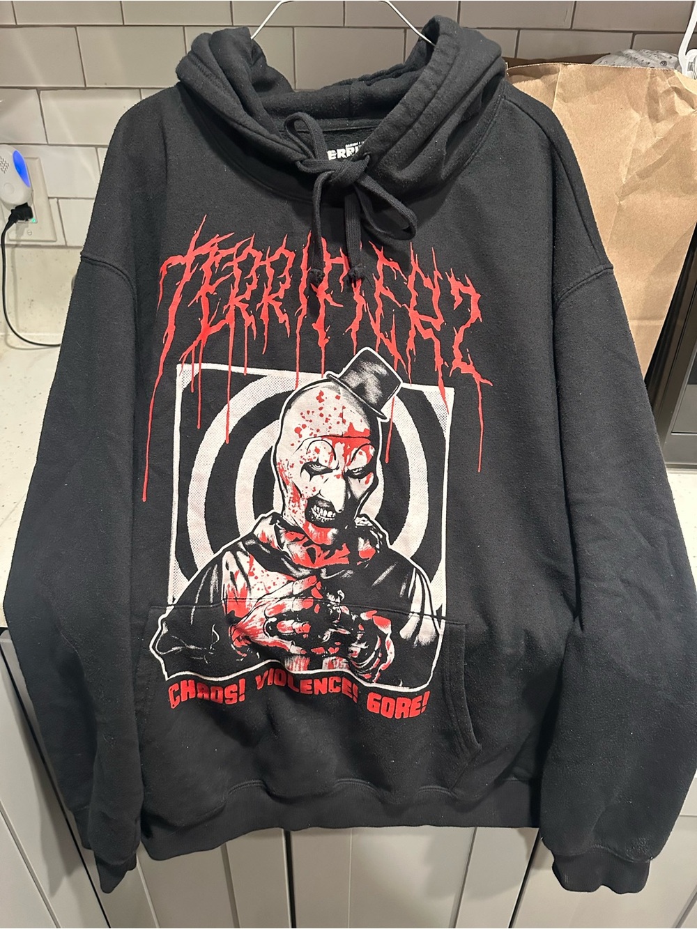 Black Graphic Horror Pullover Hoodie with Red Print